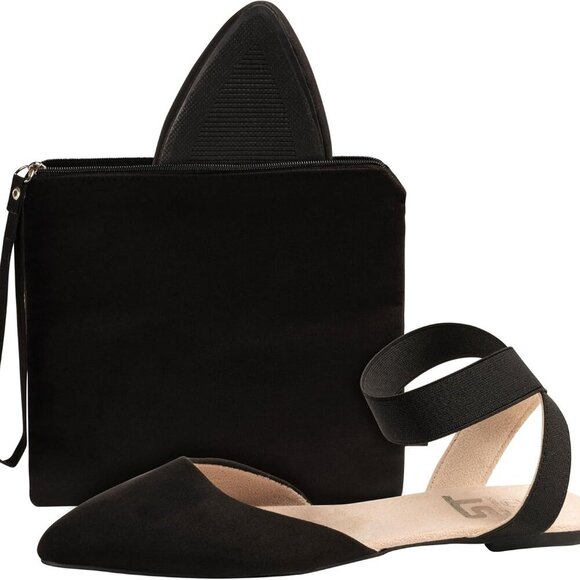 Foldable Flats for Women Black Suede Size 8 Water Resistant Ankle Strap - Picture 5 of 5